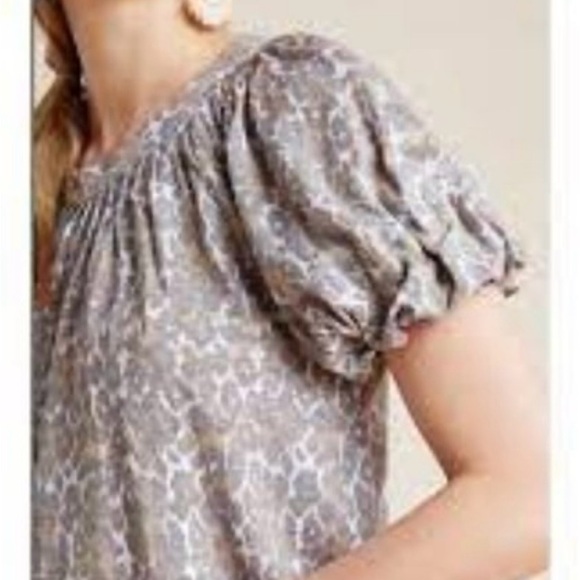 Anthropologie Maeve Linen Leopard Top Puff Sleeve - Picture 2 of 8